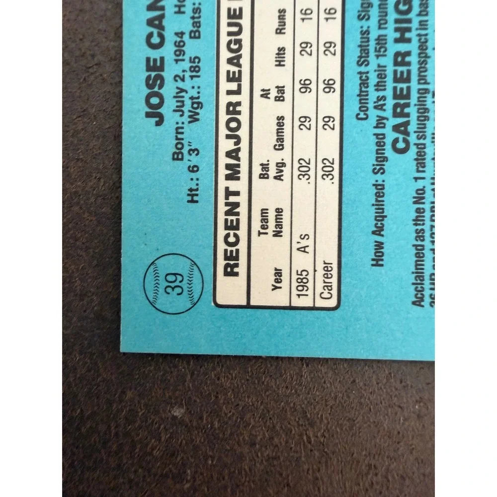 1986 Donruss Jose Canseco Rated Rookie Oakland Athletics Baseball Card 39